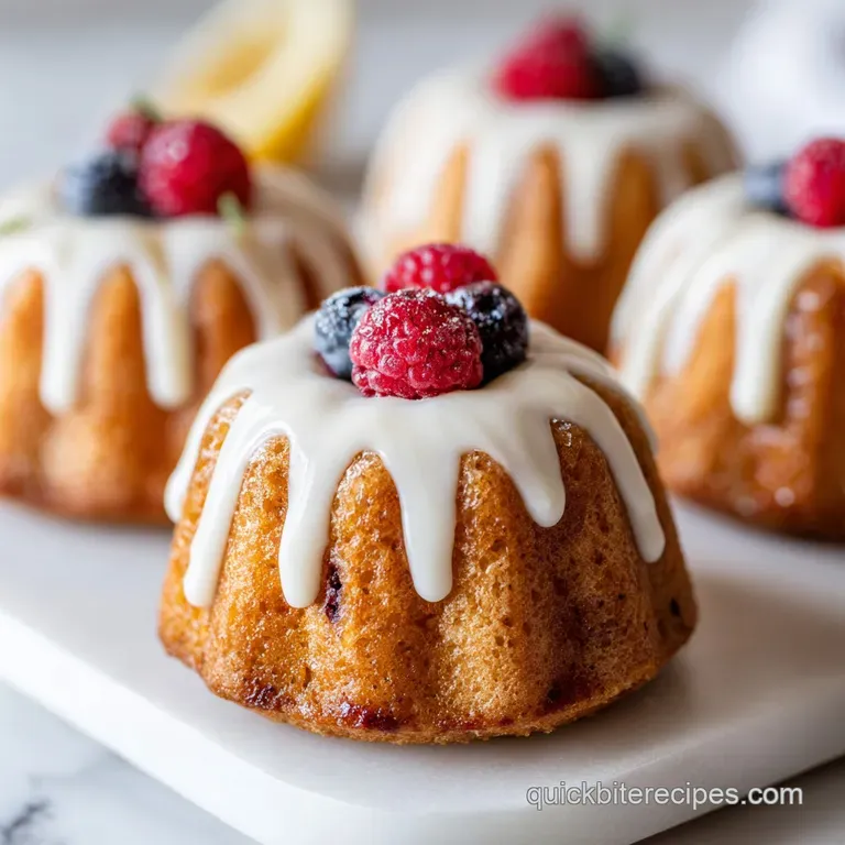 Tiny golden cakes arranged on a marble slab with fresh mint leaves and a light dusting of powdered sugar.