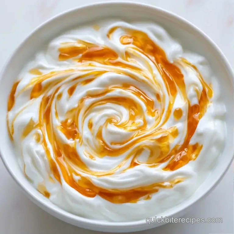 Velvety white cream in a clear glass dish with golden amber syrup swirling elegantly across the smooth surface.