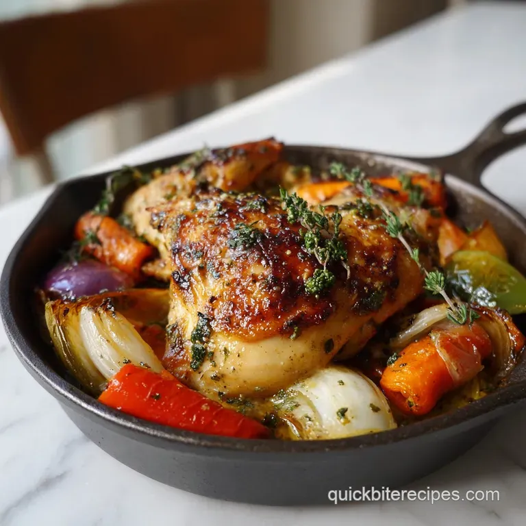 Tender chicken breast and crisp-tender vegetables artfully arranged on a white plate with herbs.