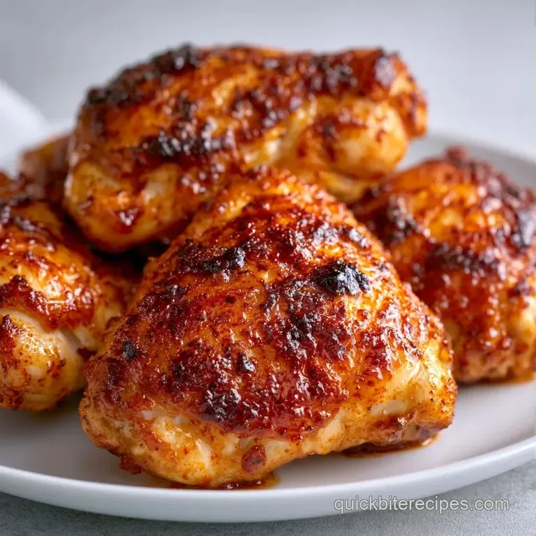 Perfectly browned poultry thighs plated on white porcelain with saut&eacute;ed asparagus and a drizzle of pan jus.