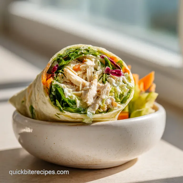 Tightly rolled chicken salad wrap, sliced to reveal a white, creamy interior, artfully arranged on a white plate.