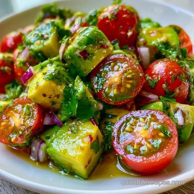Vibrant green avocado wedges and glossy red cherry tomatoes arranged artistically on a minimalist white platter.