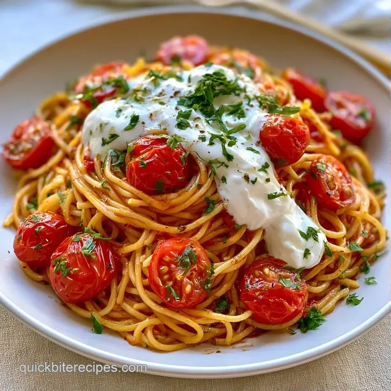 Swirled pasta nest in a white ceramic bowl topped with juicy blistered tomatoes and a drizzle of golden olive oil.