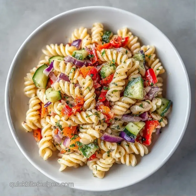 A bright medley of spiral pasta and vivid vegetables served in a white ceramic bowl with a sprinkle of fresh herbs.