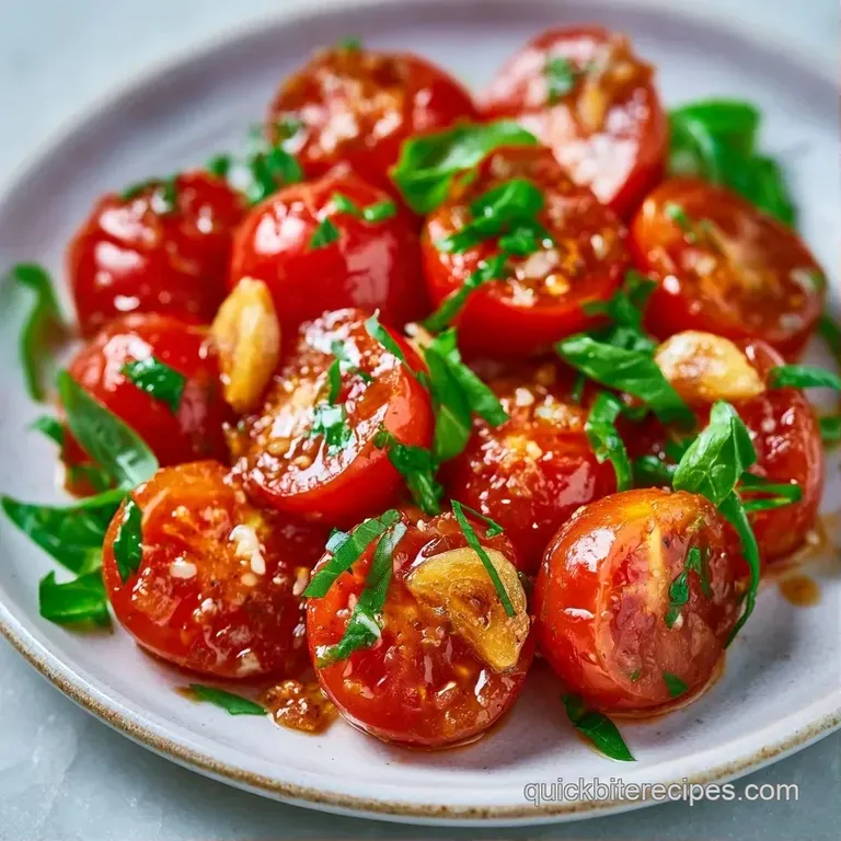 Vibrant red blistered tomatoes in a white ceramic bowl topped with herbs and served with toasted sourdough bread.