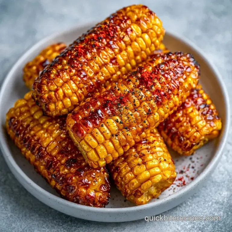 Rows of buttered yellow corn with dark char marks, served on a white platter with fresh green herb garnishes.