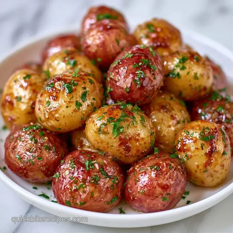 A white ceramic bowl filled with chunky potatoes and fresh herbs, garnished with a sprig of parsley on top.
