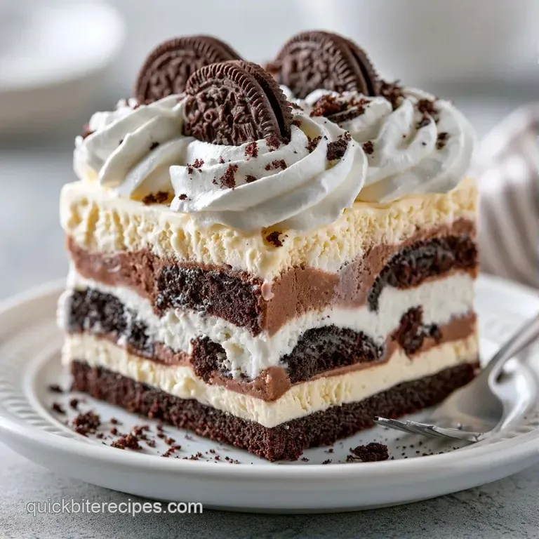 A neat slice of frozen layered dessert with smooth white cream and colorful sprinkles on a polished ceramic plate.