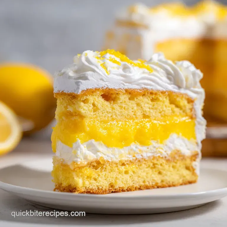 A neat slice of lemon dessert on a white plate, topped with a thin lemon wheel and a sprig of fresh green mint.