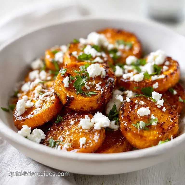 Neatly stacked caramelized sweet potato slices on a white ceramic plate, garnished with a sprig of fresh green thyme