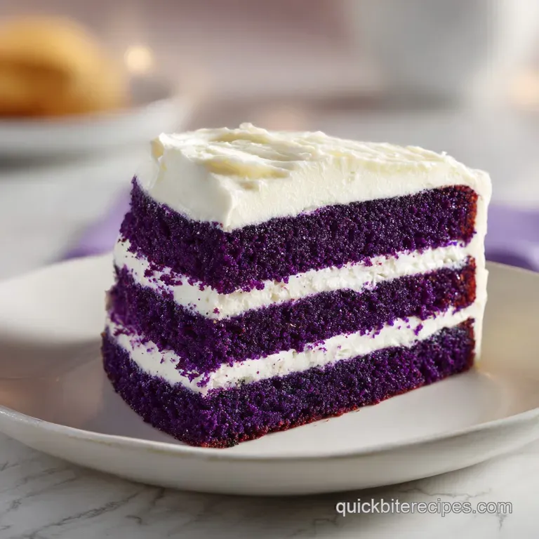 A precise slice of deep violet cake on a white plate with a swirl of cream and a single fresh blueberry garnish.