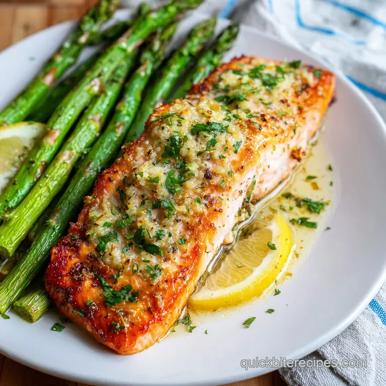 A glistening salmon fillet atop tender asparagus, with charred lemon wedges for a pop of color.
