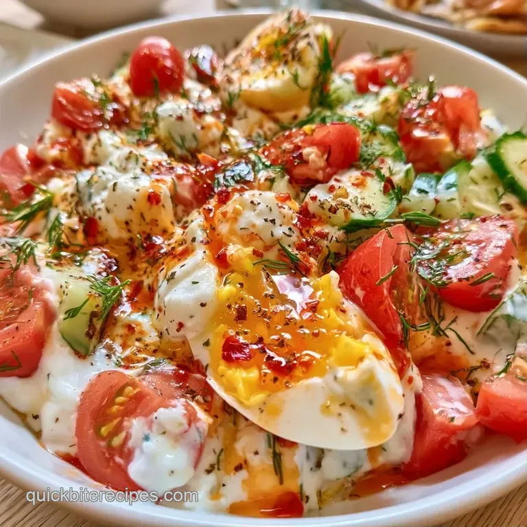 Creamy white yogurt in a ceramic bowl topped with vibrant vegetables, set on a bright marble surface with a gold spoon.