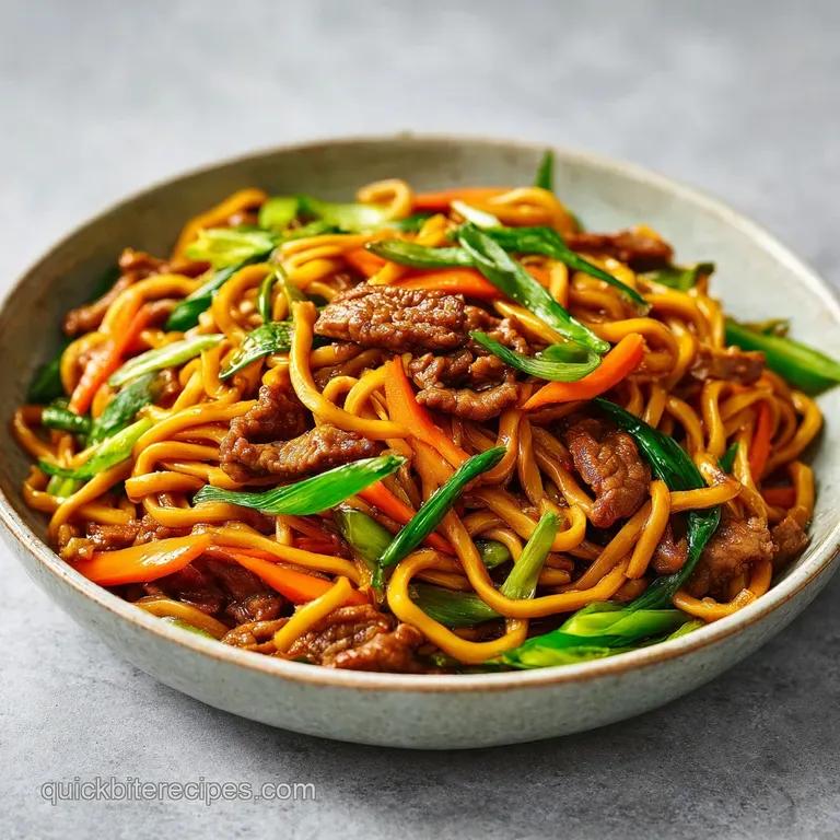 A heap of glistening brown noodles and crisp greens in a white ceramic bowl, garnished with toasted sesame seeds.