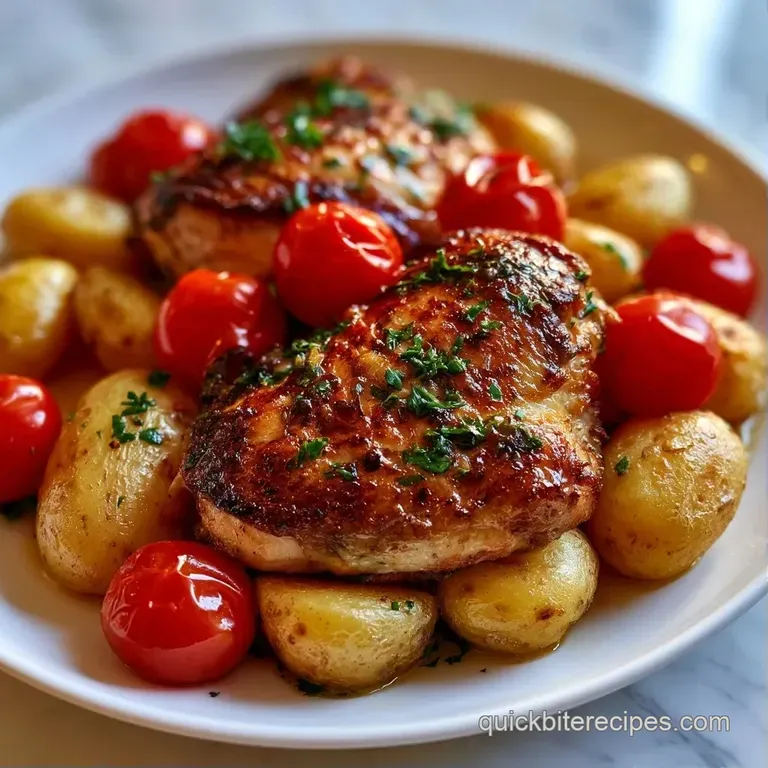 Seared chicken breast nestled among blistered red tomatoes and glossy garlic sauce on a white ceramic plate.