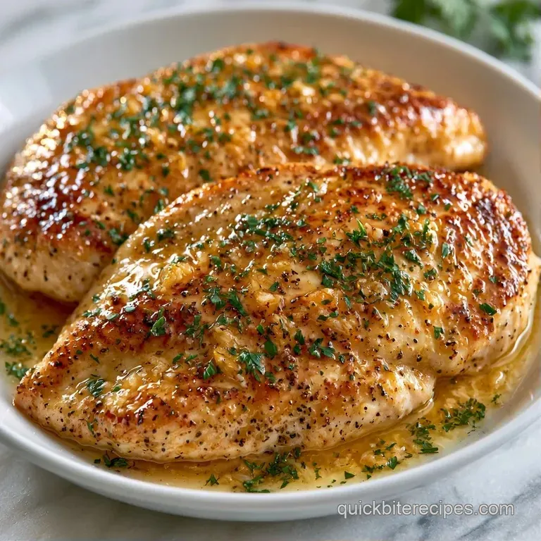 Tender golden chicken breasts on a white plate, drizzled with melted garlic butter and garnished with fresh parsley.