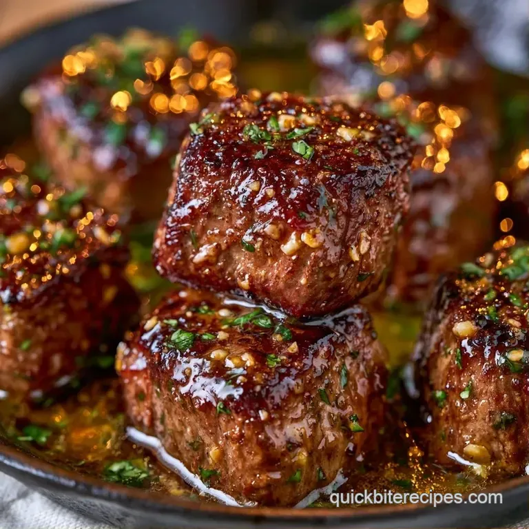 Neatly arranged seared beef cubes on a ceramic plate, glistening with golden butter and topped with fresh herbs.