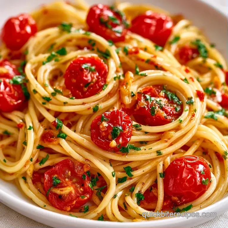 A twirl of pasta topped with vibrant red cherry tomatoes and a sprig of basil on a matte black dinner plate.