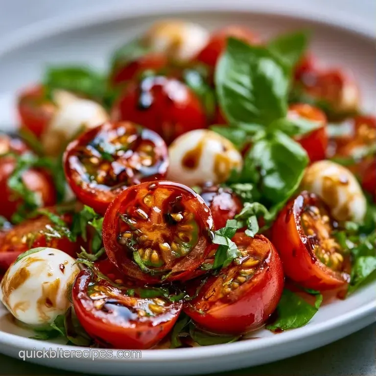 Artfully plated white mozzarella pearls and juicy red cherry tomatoes accented by vibrant green basil leaves.