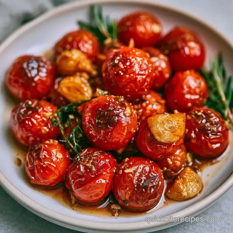 Bursting red tomatoes and toasted garlic cloves elegantly plated with a sprig of fresh green basil on white porcelain.