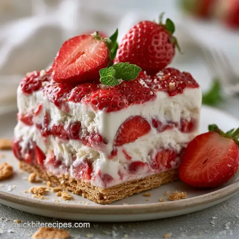 A tall slice of layered pink ice cream cake topped with a swirl of white cream and a fresh mint leaf garnish.