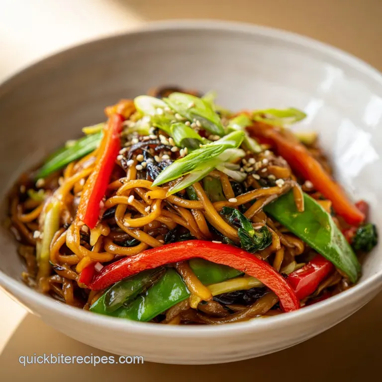 A colorful medley of crisp vegetables and tender noodles artfully arranged on a rustic plate.