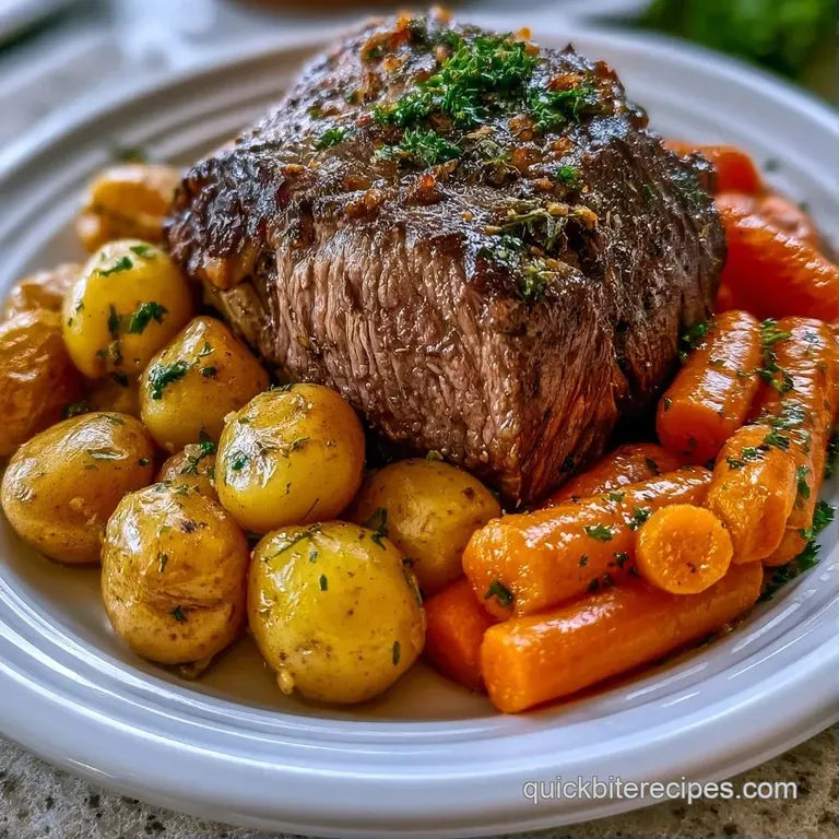 Slices of succulent brown beef beside tender baby potatoes, drizzled with glossy jus and garnished with fresh parsley.