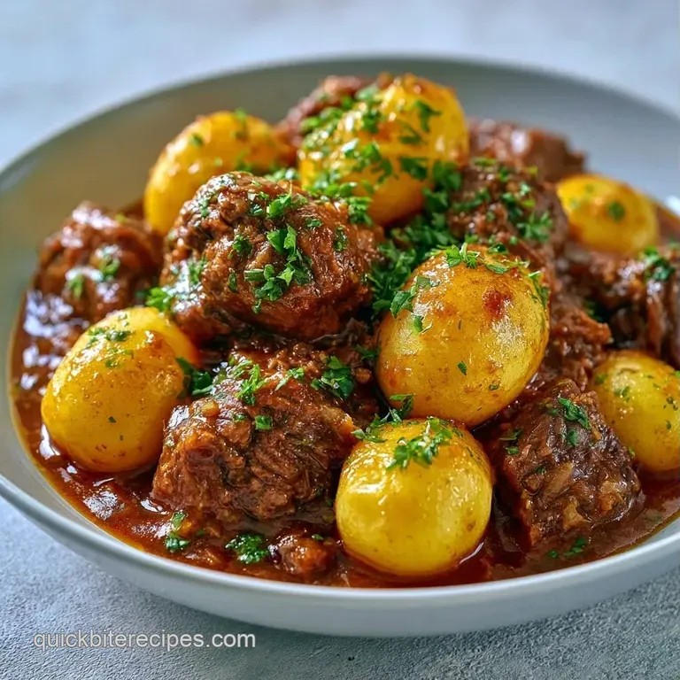 A rustic ceramic platter with tender beef medallions and herb-roasted potatoes garnished with fresh parsley sprigs.