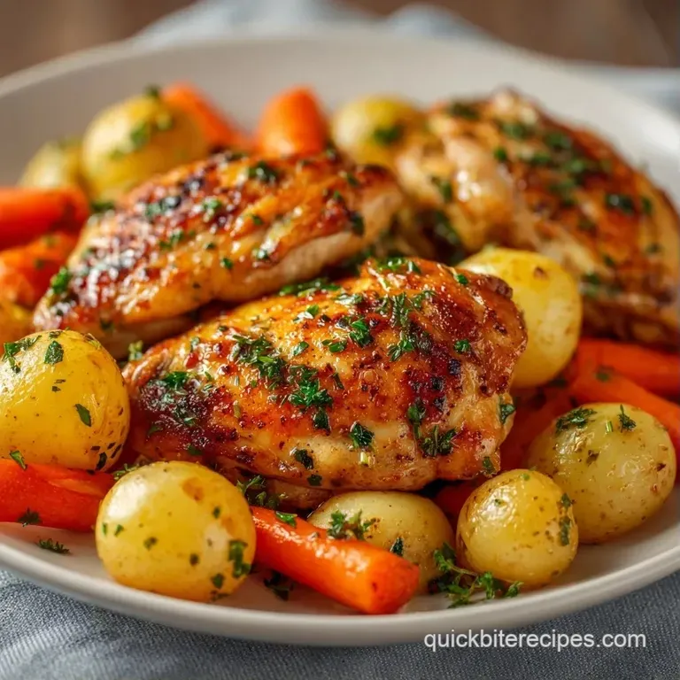Elegant plating of juicy chicken thighs and soft potatoes drizzled in a savory glaze on a white ceramic dish.