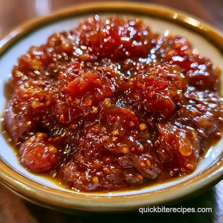 Vibrant red tomato preserves served in a small porcelain bowl beside toasted sourdough bread on a linen cloth.