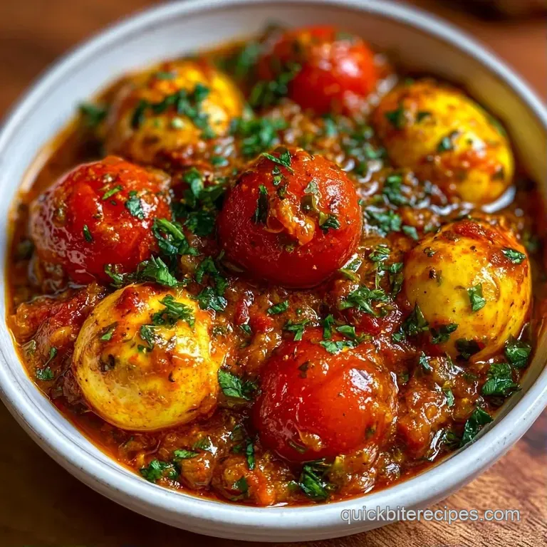 Hard-boiled eggs nestled in a bright red tomato sauce, served in a white bowl with a sprinkle of fresh green cilantro.