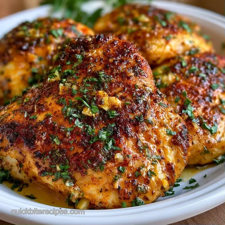 Two glistening golden chicken thighs arranged on a slate board with sprigs of fresh parsley and roasted garlic.