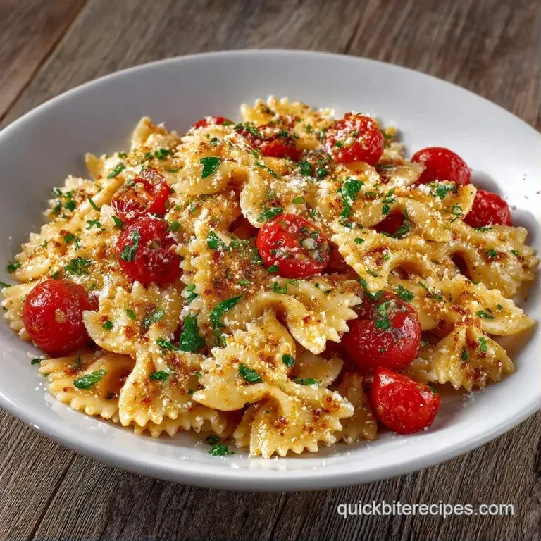 Elegant plating of golden-brown crispy pasta with bright red peppers and green parsley on a modern slate dish.