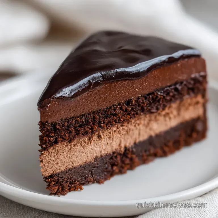 A thin slice of layered chocolate cake on a white ceramic plate, garnished with a fresh raspberry and mint leaf.